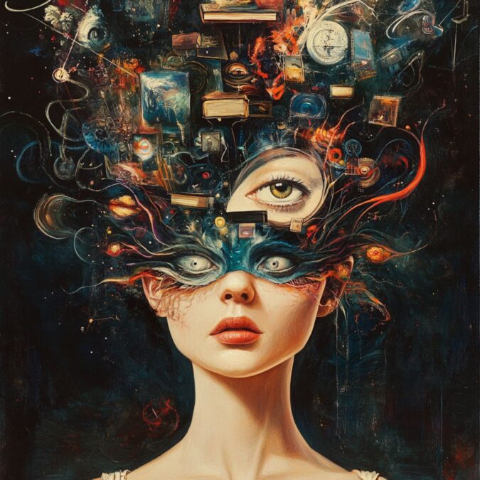 Mujer con máscara surrealista y tercer ojo en la frente, rodeada de símbolos que representan ideas, conocimiento y exploración mental en un estilo abstracto y enigmático