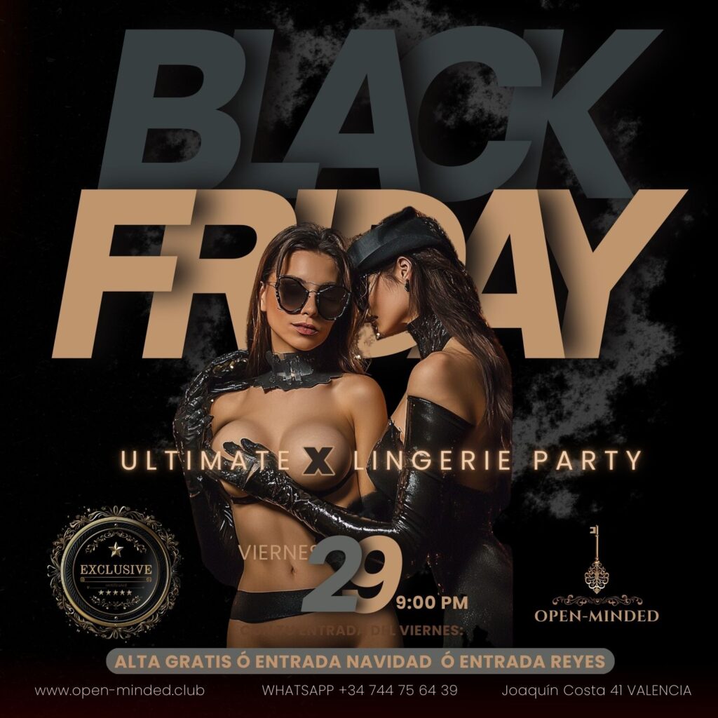Dos mujeres en lencería negra y accesorios de látex promocionan el evento Black Friday Party en Open-Minded.club.
