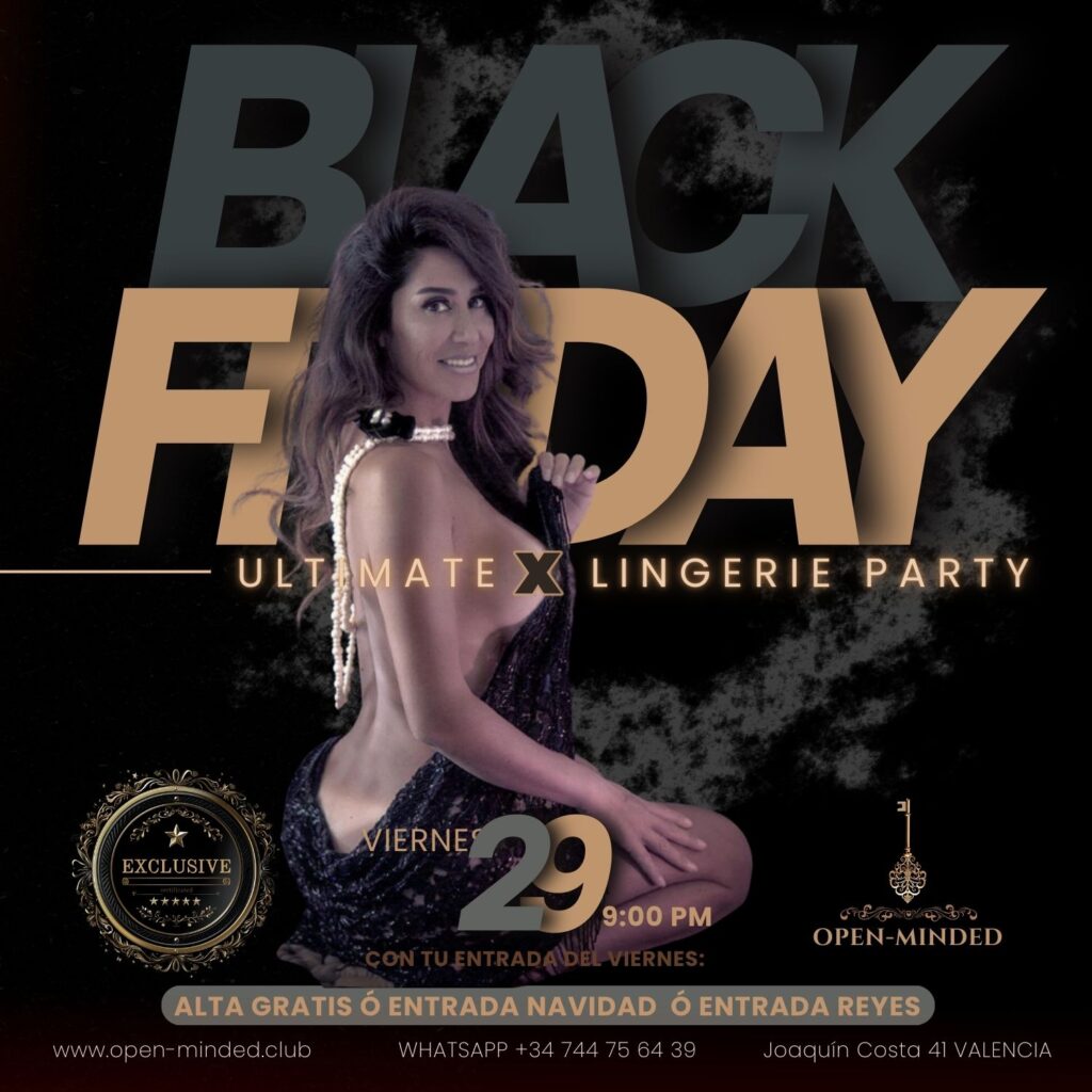 Promoción del evento Black Friday Party en Open-Minded.club con temática Ultimate Lingerie Party, destacando la exclusividad y la oferta especial.