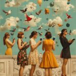 Personas usando dispositivos móviles en un entorno surrealista con pájaros y globos que simbolizan la conexión en comunidad swinger.