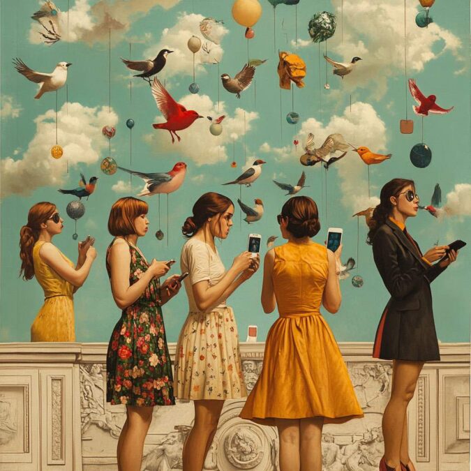 Personas usando dispositivos móviles en un entorno surrealista con pájaros y globos que simbolizan la conexión en comunidad swinger.