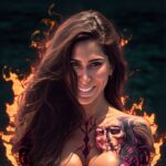 Mujer sonriente con tatuajes de temática infernal, destacando el ambiente atrevido y seductor de la fiesta HELL en Open-Minded Club Valencia