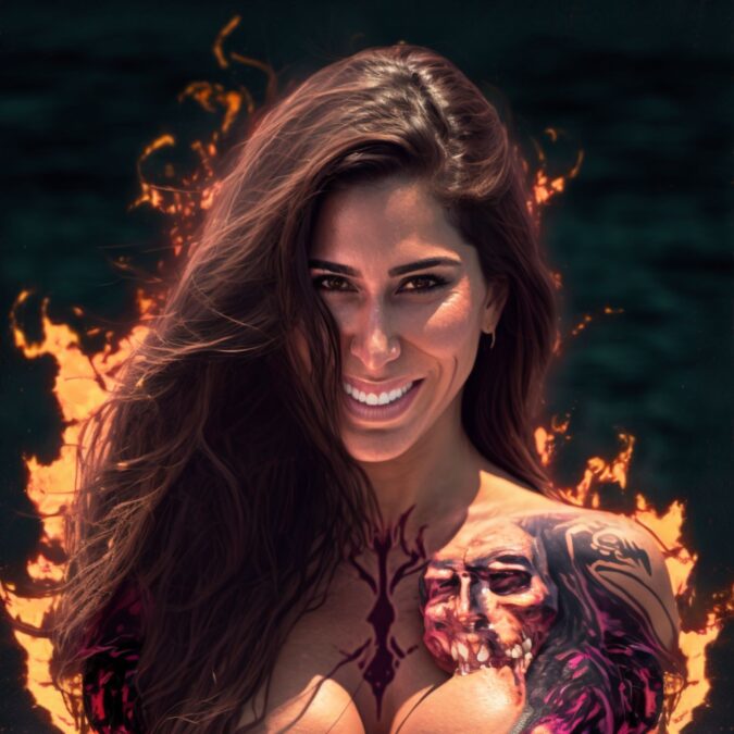 Mujer sonriente con tatuajes de temática infernal, destacando el ambiente atrevido y seductor de la fiesta HELL en Open-Minded Club Valencia
