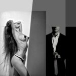 Mujer en encaje negro y figura masculina elegante en un fondo artístico, anunciando la fiesta “Earned It” en OPEN-MINDED.club.