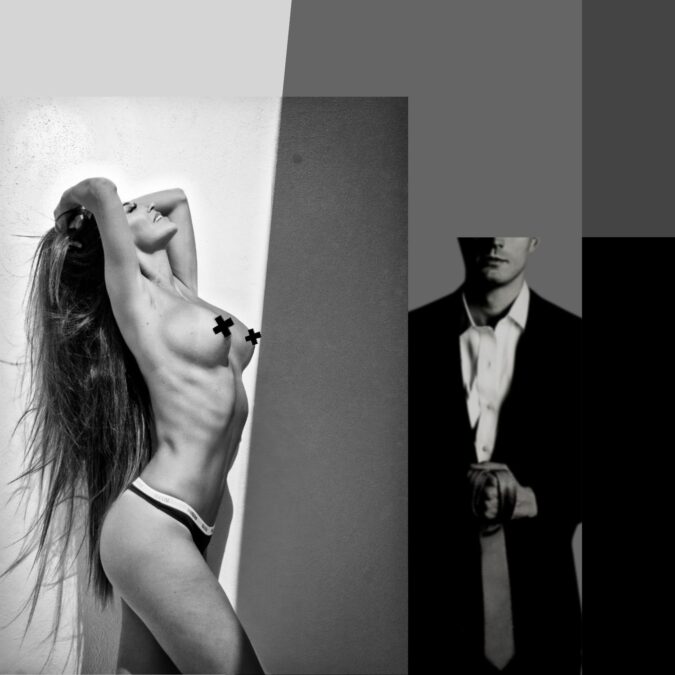 Mujer en encaje negro y figura masculina elegante en un fondo artístico, anunciando la fiesta “Earned It” en OPEN-MINDED.club.