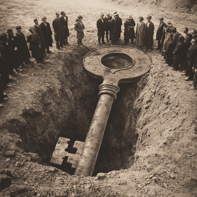 Antigua fotografía histórica de un grupo de personas rodeando una llave gigante desenterrada en un campo abierto, símbolo de transformación y libertad