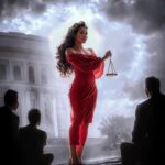 Mujer en vestido rojo sosteniendo una balanza en un escenario celestial, representando la justicia y autenticidad en open-minded.club.