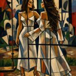 Pintura de estilo cubista que muestra a dos mujeres con vestidos blancos mirándose de frente mientras se sostienen con delica