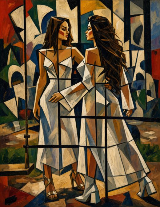 Pintura de estilo cubista que muestra a dos mujeres con vestidos blancos mirándose de frente mientras se sostienen con delica