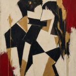 Pintura de estilo cubista con dos siluetas compuestas por formas geométricas negras, doradas y crema, abrazándose sobre fondo