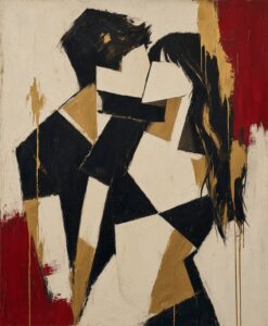 Pintura de estilo cubista con dos siluetas compuestas por formas geométricas negras, doradas y crema, abrazándose sobre fondo