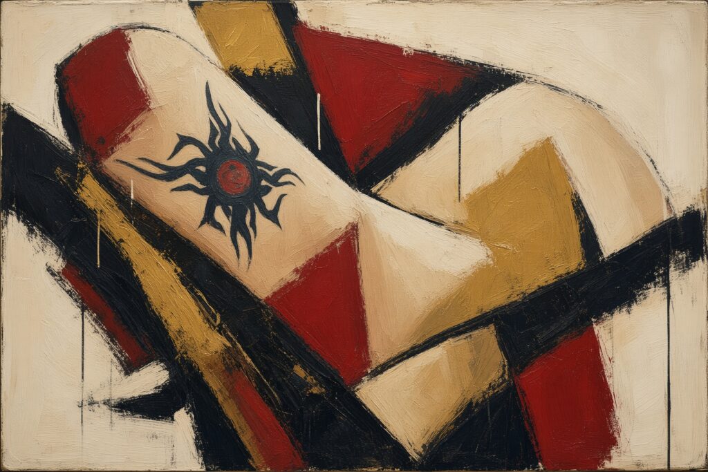 Pintura abstracta geométrica con trazos gruesos en negro, rojo y ocre sobre fondo beige, donde destaca un símbolo de un sol t