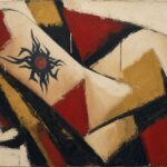 Pintura abstracta geométrica con trazos gruesos en negro, rojo y ocre sobre fondo beige, donde destaca un símbolo de un sol t
