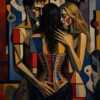 Pintura de estilo cubista que muestra a tres personas abrazadas: un hombre de pelo oscuro a la izquierda, una mujer de espald