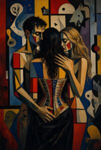 Pintura de estilo cubista que muestra a tres personas abrazadas: un hombre de pelo oscuro a la izquierda, una mujer de espald