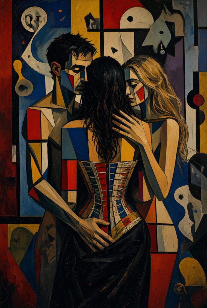 Pintura de estilo cubista que muestra a tres personas abrazadas: un hombre de pelo oscuro a la izquierda, una mujer de espald