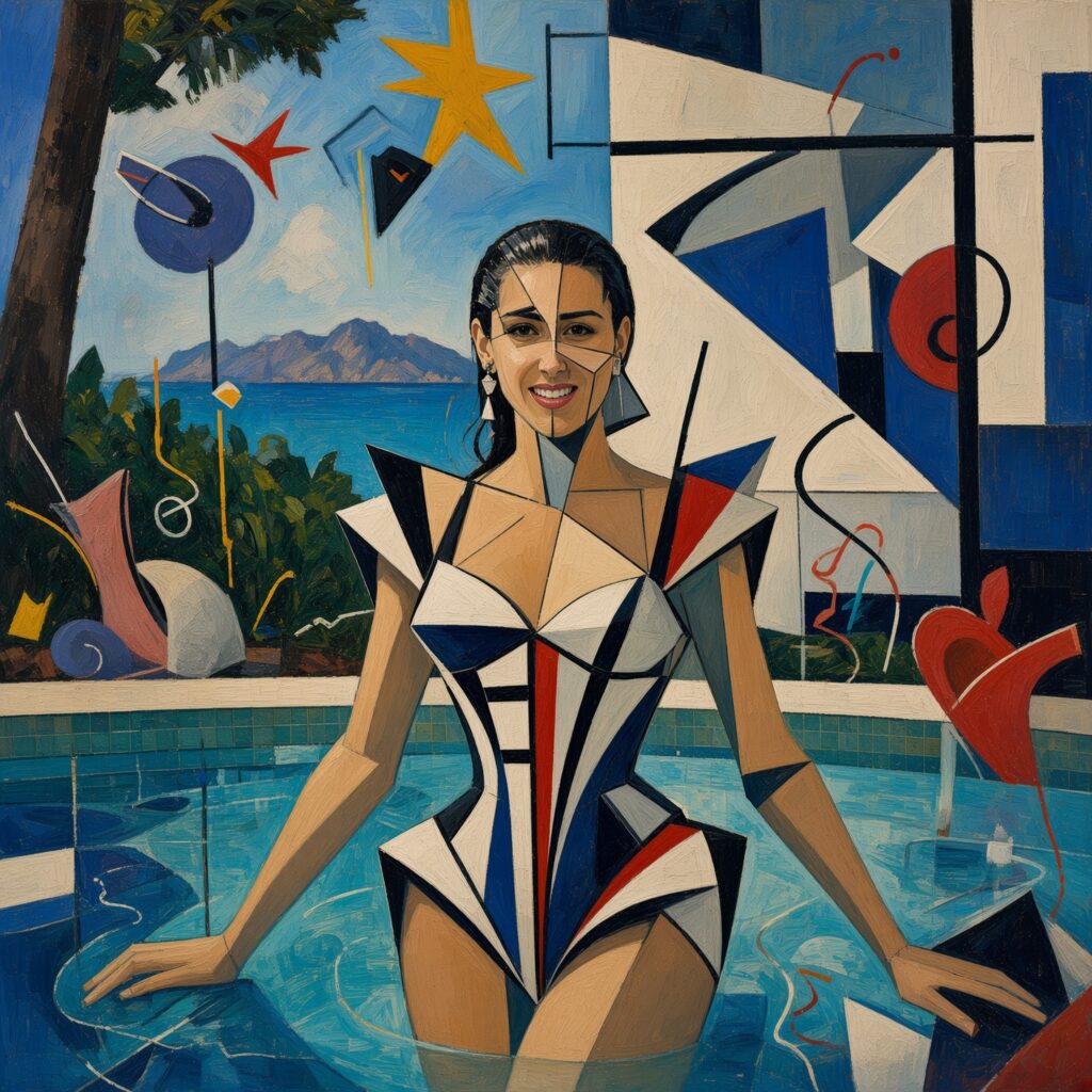 Pintura de estilo cubista de una mujer sonriente dentro de una piscina, luciendo un traje de baño de formas geométricas en to