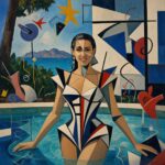 Pintura de estilo cubista de una mujer sonriente dentro de una piscina, luciendo un traje de baño de formas geométricas en to
