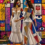 Ilustración de estilo pop art y cubista donde dos mujeres vestidas con trajes blancos geométricos se miran frente a un mural