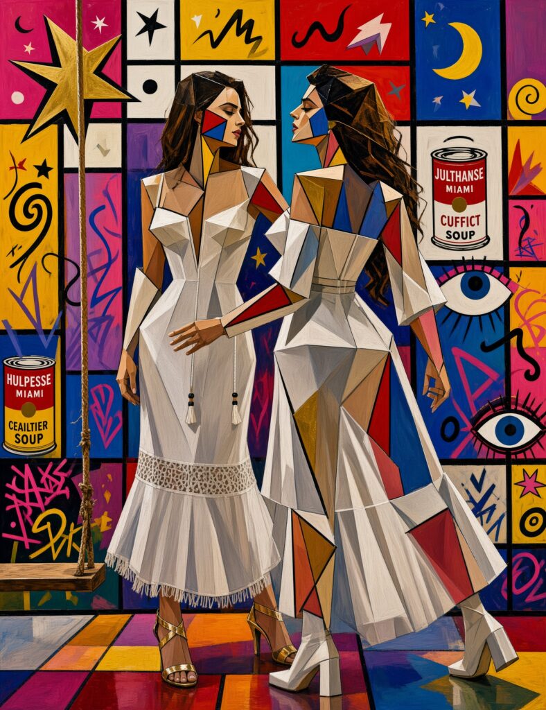 Ilustración de estilo pop art y cubista donde dos mujeres vestidas con trajes blancos geométricos se miran frente a un mural