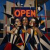 Pintura de estilo cubista con tres mujeres juntas bajo un letrero de neón rojo que dice OPEN. Formas geométricas y líneas de