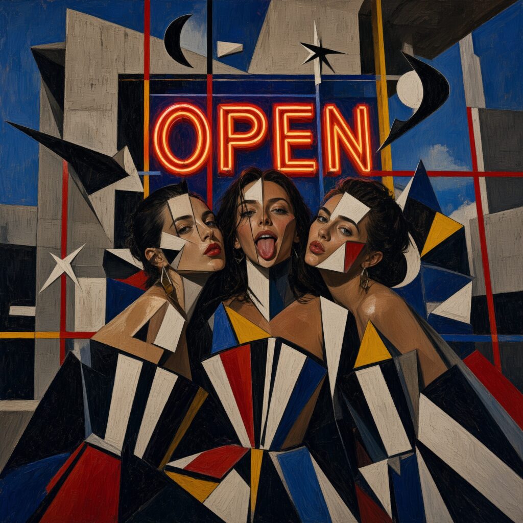 Pintura de estilo cubista con tres mujeres juntas bajo un letrero de neón rojo que dice OPEN. Formas geométricas y líneas de