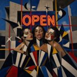 Pintura de estilo cubista con tres mujeres juntas bajo un letrero de neón rojo que dice OPEN. Formas geométricas y líneas de