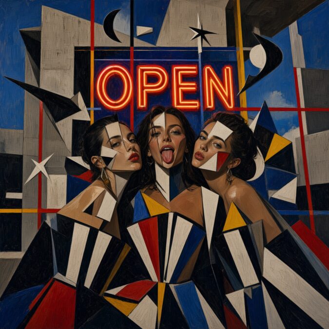 Pintura de estilo cubista con tres mujeres juntas bajo un letrero de neón rojo que dice OPEN. Formas geométricas y líneas de