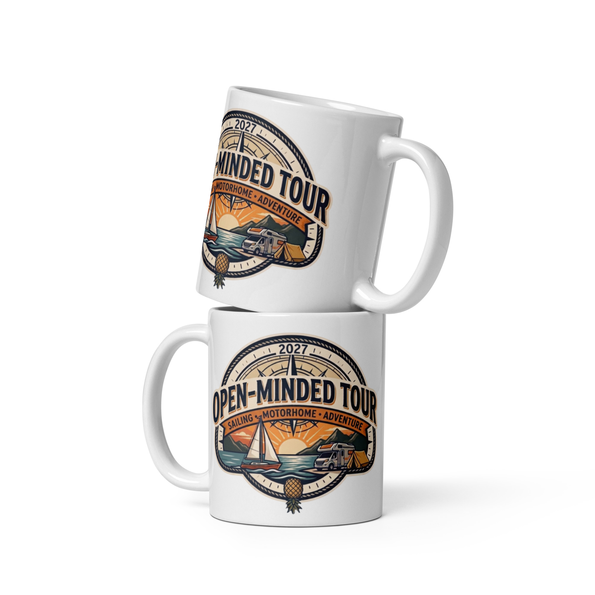 OPEN-MINDED TOUR 2027 Taza blanca brillante - Imagen 2
