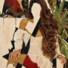 Pintura al óleo con empaste denso que muestra a una persona sentada de melena larga ondulada sin rostro definido, vestida con