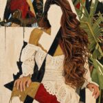 Pintura al óleo con empaste denso que muestra a una persona sentada de melena larga ondulada sin rostro definido, vestida con