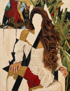 Pintura al óleo con empaste denso que muestra a una persona sentada de melena larga ondulada sin rostro definido, vestida con