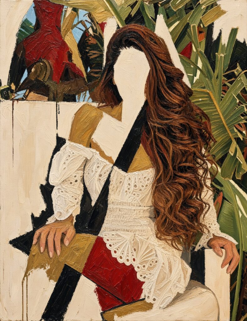 Pintura al óleo con empaste denso que muestra a una persona sentada de melena larga ondulada sin rostro definido, vestida con