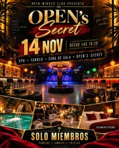 Cartel de OPEN’s Secret del 14 de noviembre de 2026: spa, tardeo, cena de gala y fiesta, solo para miembr@s de OPEN-MINDED