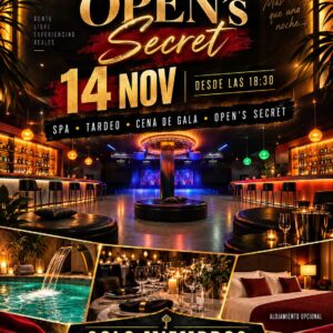Cartel publicitario con tipografia dorada y roja que anuncia el evento OPEN's Secret del 14 de noviembre. Incluye una vista g