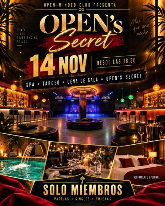 Cartel publicitario con tipografia dorada y roja que anuncia el evento OPEN's Secret del 14 de noviembre. Incluye una vista g