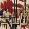 Pintura estilizada de un hombre sentado ante el ordenador en un interior y una mujer en bikini con sombrero en la terraza, am