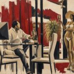 Pintura estilizada de un hombre sentado ante el ordenador en un interior y una mujer en bikini con sombrero en la terraza, am