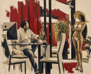Pintura estilizada de un hombre sentado ante el ordenador en un interior y una mujer en bikini con sombrero en la terraza, am