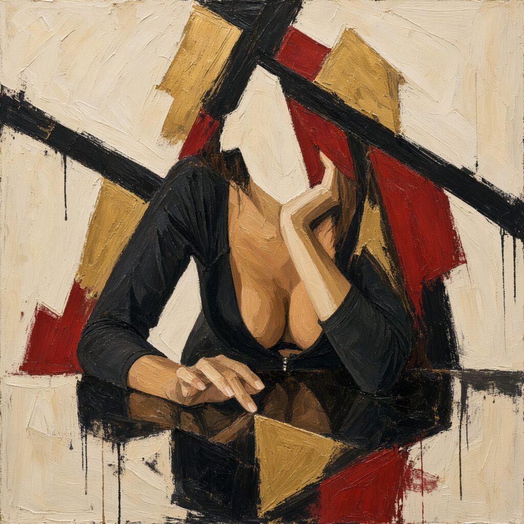 Pintura al óleo de estilo abstracto y cubista que muestra la figura de una persona con un vestido negro de amplio escote, apo
