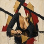 Pintura al óleo de estilo abstracto y cubista que muestra la figura de una persona con un vestido negro de amplio escote, apo