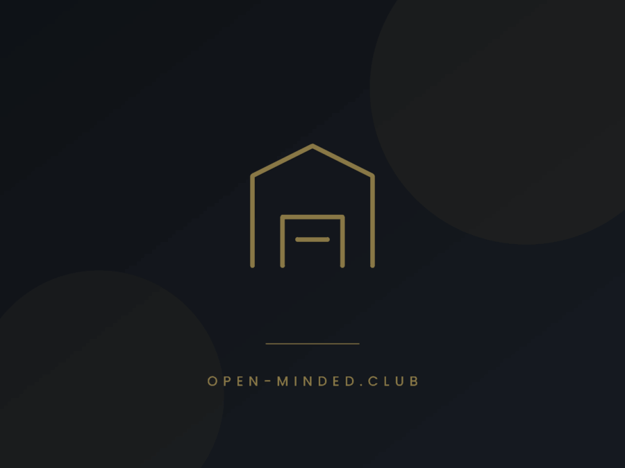 Icono dorado de trazo fino con forma de edificación sobre fondo negro con matices geométricos y la frase OPEN-MINDED.CLUB.
