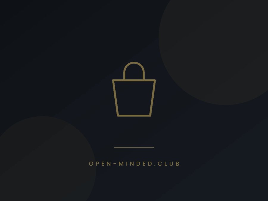 Icono de trazo dorado con forma de bolsa de la compra centrado sobre fondo negro con matices circulares y el texto OPEN-MINDE