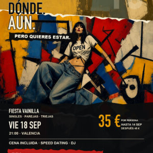 Cartel promocional con una mujer joven de pelo oscuro reclinada ante un fondo de pintura abstracta en tonos rojos, azules y a
