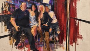 Cuadro al óleo de cuatro personas sentadas juntas en taburetes frente a la barra de un bar con luces nocturnas.